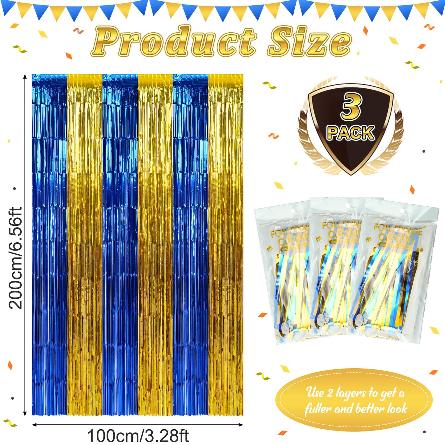 3 Pack 3.3Ft x 6.6Ft Graduation Foil Fringe Curtain Backdrop Decorations, Blue Gold Metallic Tinsel Foil Streamers Curtain Photo Booth Background for Graduation Prom Wedding Birthday Party Decorations