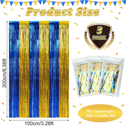 3 Pack 3.3Ft x 6.6Ft Graduation Foil Fringe Curtain Backdrop Decorations, Blue Gold Metallic Tinsel Foil Streamers Curtain Photo Booth Background for Graduation Prom Wedding Birthday Party Decorations