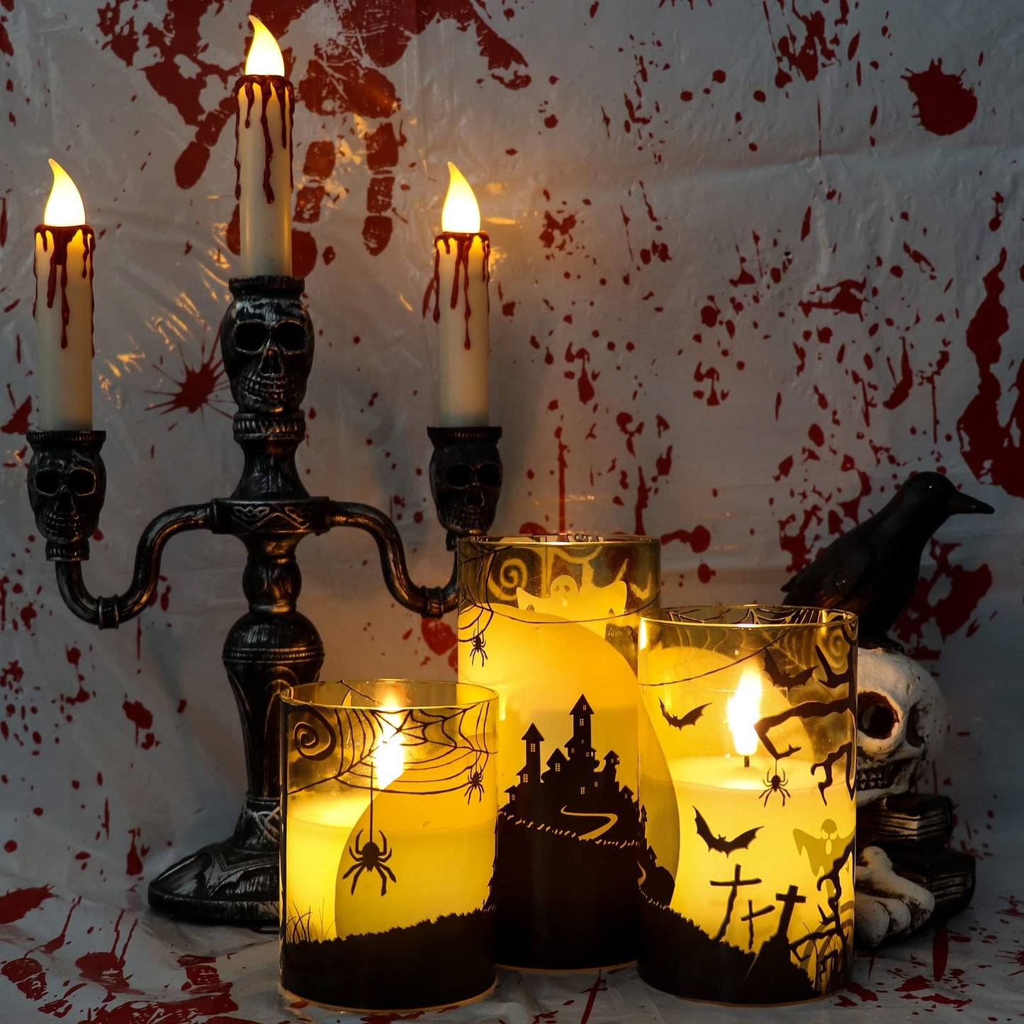 Eldnacele Halloween Flameless Candles with Remote Spider Web, Ghost, Castle Decals Battery Operated Real Wax Flickering Glass Pillar Candle for Spooky Holiday Decor 3 Pack