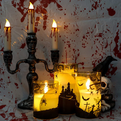 Eldnacele Halloween Flameless Candles with Remote Spider Web, Ghost, Castle Decals Battery Operated Real Wax Flickering Glass Pillar Candle for Spooky Holiday Decor 3 Pack