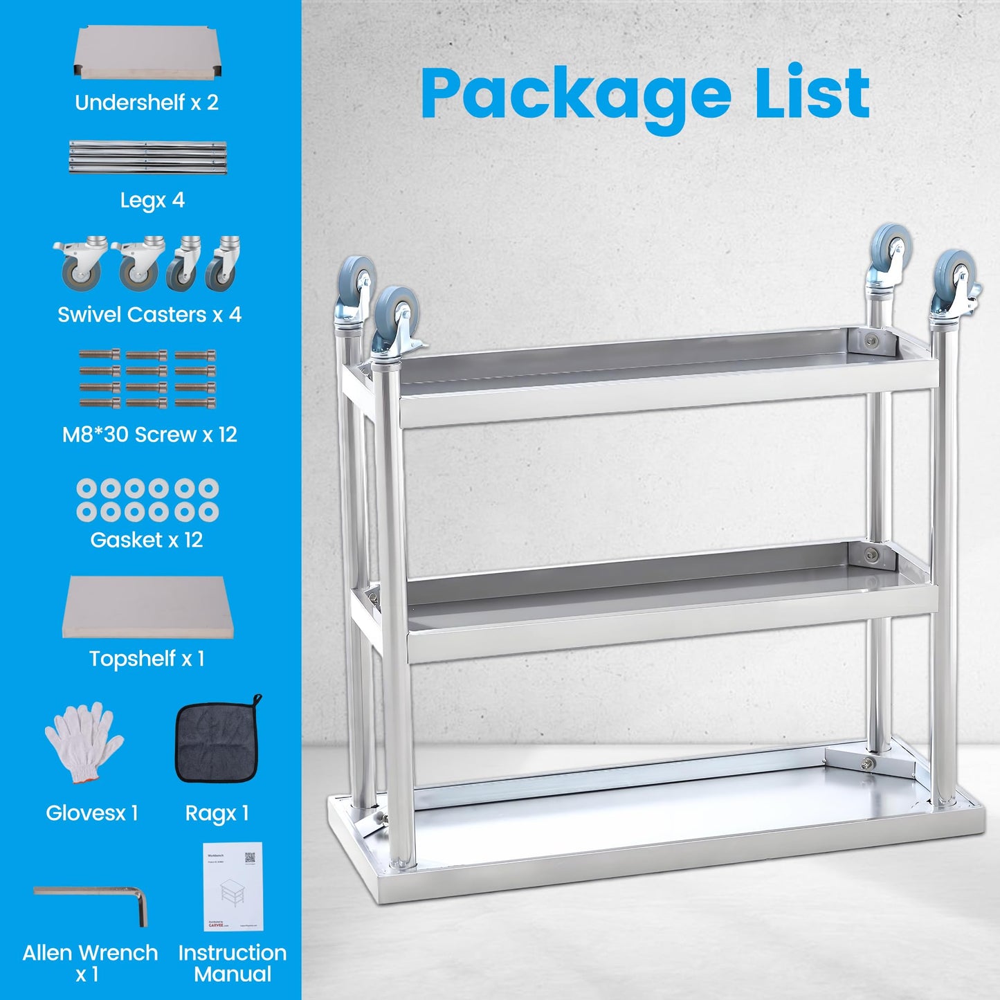 ExploreHorizon Stainless Steel Work Table with Wheels, 3-Shelf Commercial Food Prep Table 18x36x34 Inch, Rust-Resistant Metal Utility Table for Kitchen, Restaurant, Garage, Warehouse, Indoor, Outdoor