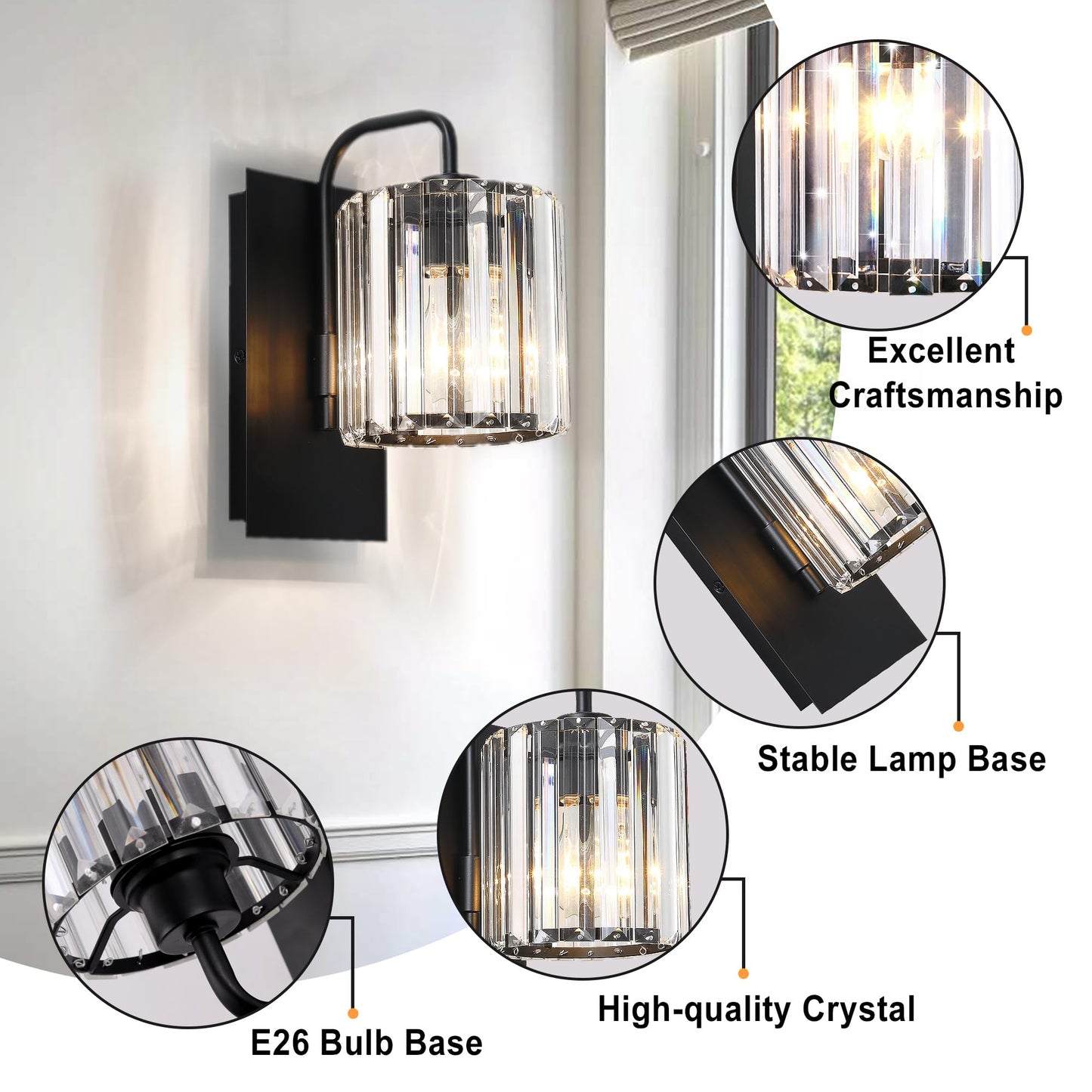 Grneric Crystal Wall Sconces,Black Sconce Wall Light Fixtures Modern Sconces Wall Lighting Single Indoor Wall Sconce for Living Room Bathroom Hallway Stairway Bedroom 10 Inch