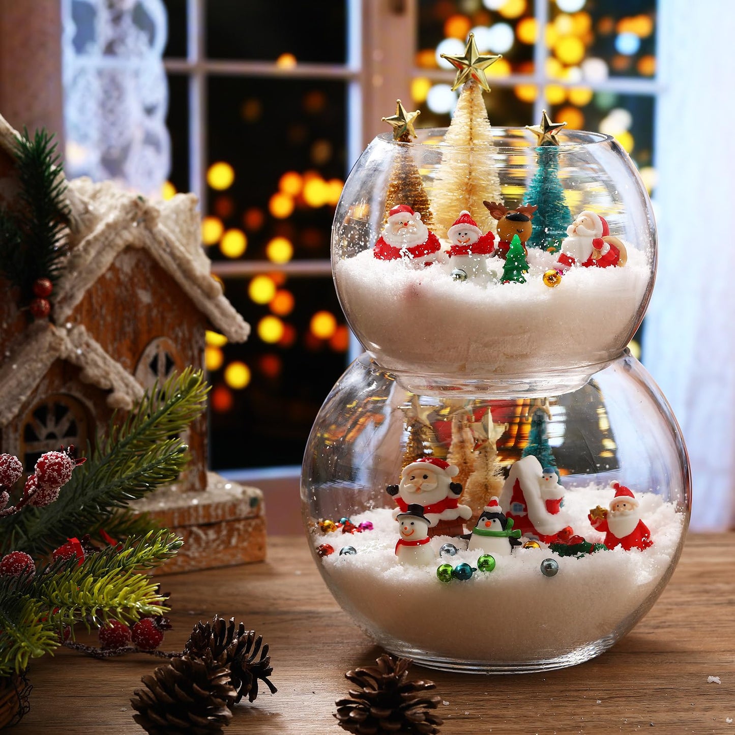 Roowest 96 Pcs Miniature Ornaments for Snow Globe Kit DIY Christmas Village Decoration Christmas Figurines Mini Ornaments with Snowman Reindeer Santa Claus Snowflake(Beige Teal Gold)