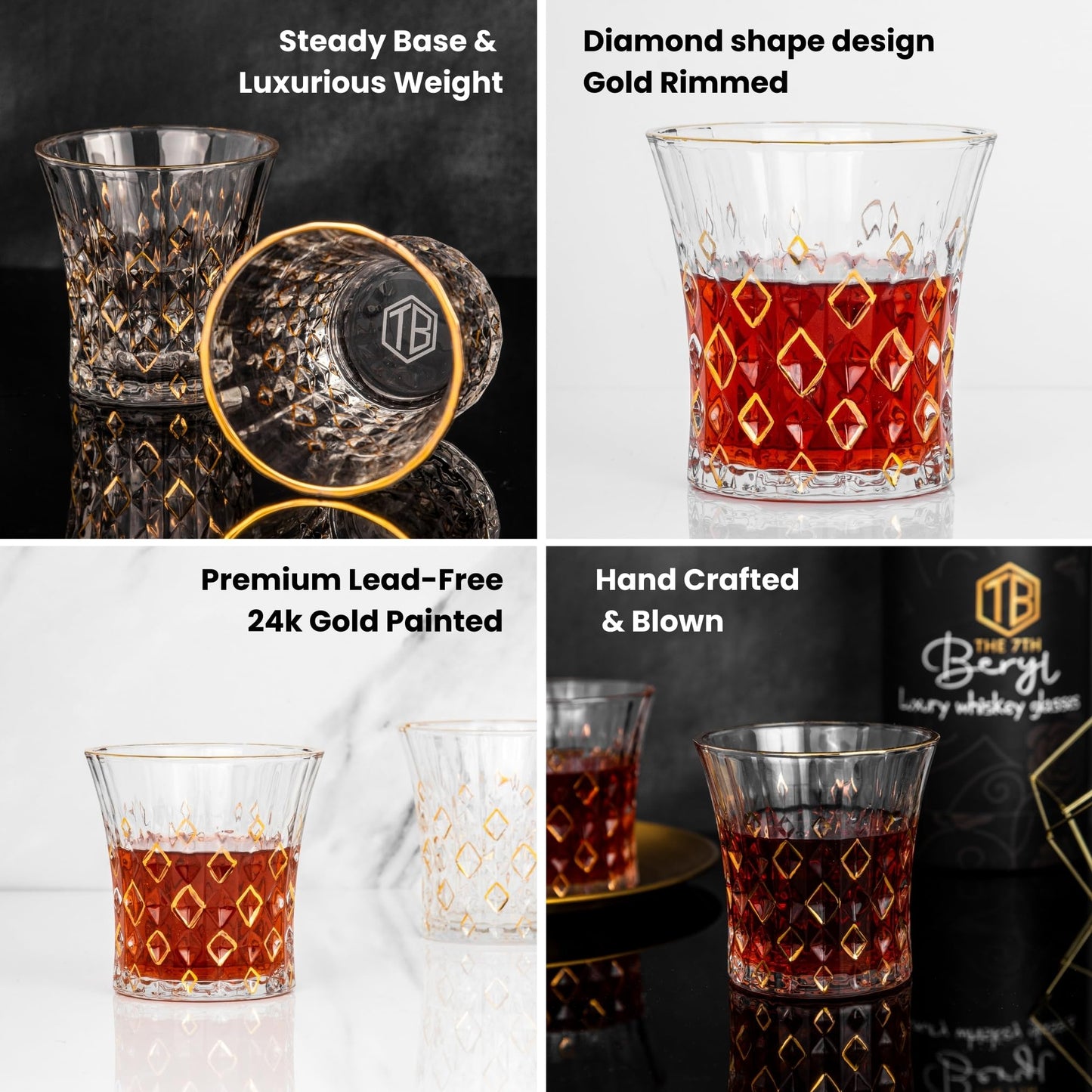The 7th Beryl Whiskey Glasses Set of 2, Old Fashioned Glasses, Premium Lead-Free Crystal Bourbon & Scotch Rocks Glasses with 24K Gold Accents, Luxury Cocktail Glass Gift Set for Men, Husband, Dad