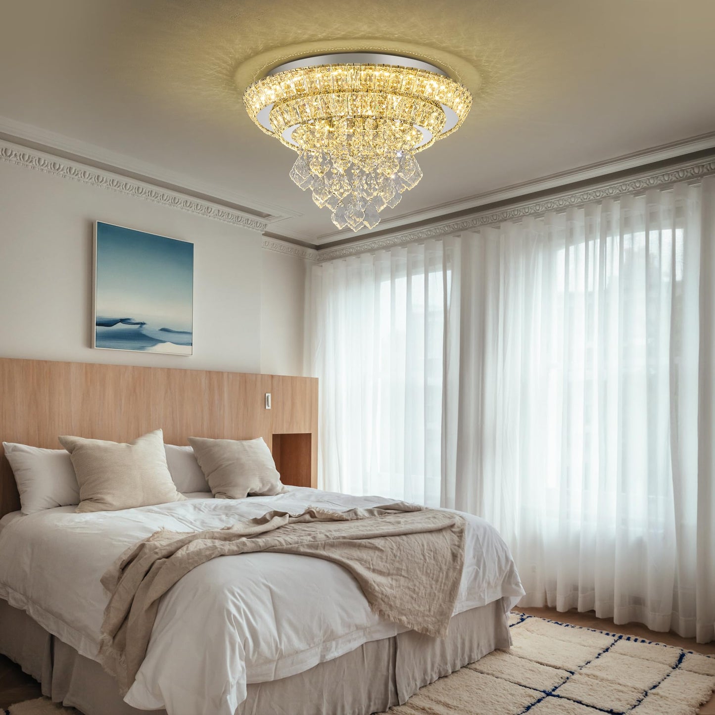 OSGNER 18" Sliver Modern Chandelier with Remote/APP,Flush Mount Crystal Ceiling Light,3-Color LED Dimmable for Living Room Kitchen Dining Room Hallway -Luxury Raindrop Style