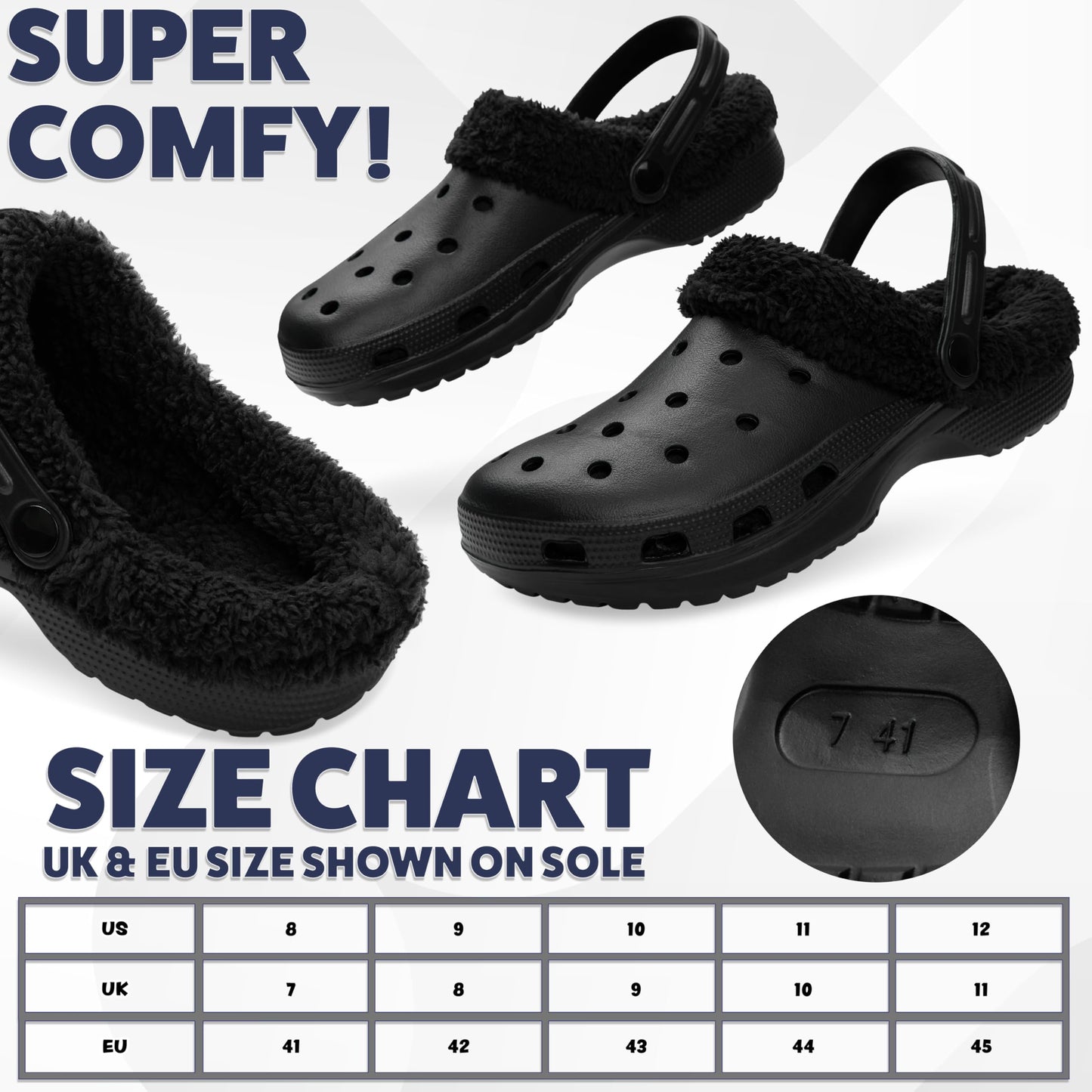 CityComfort Men's Teens Clogs Winter Classic Fleece Lined House Shoes - Warm Garden Shoes Slip On with Strap (Black, 9 UK)