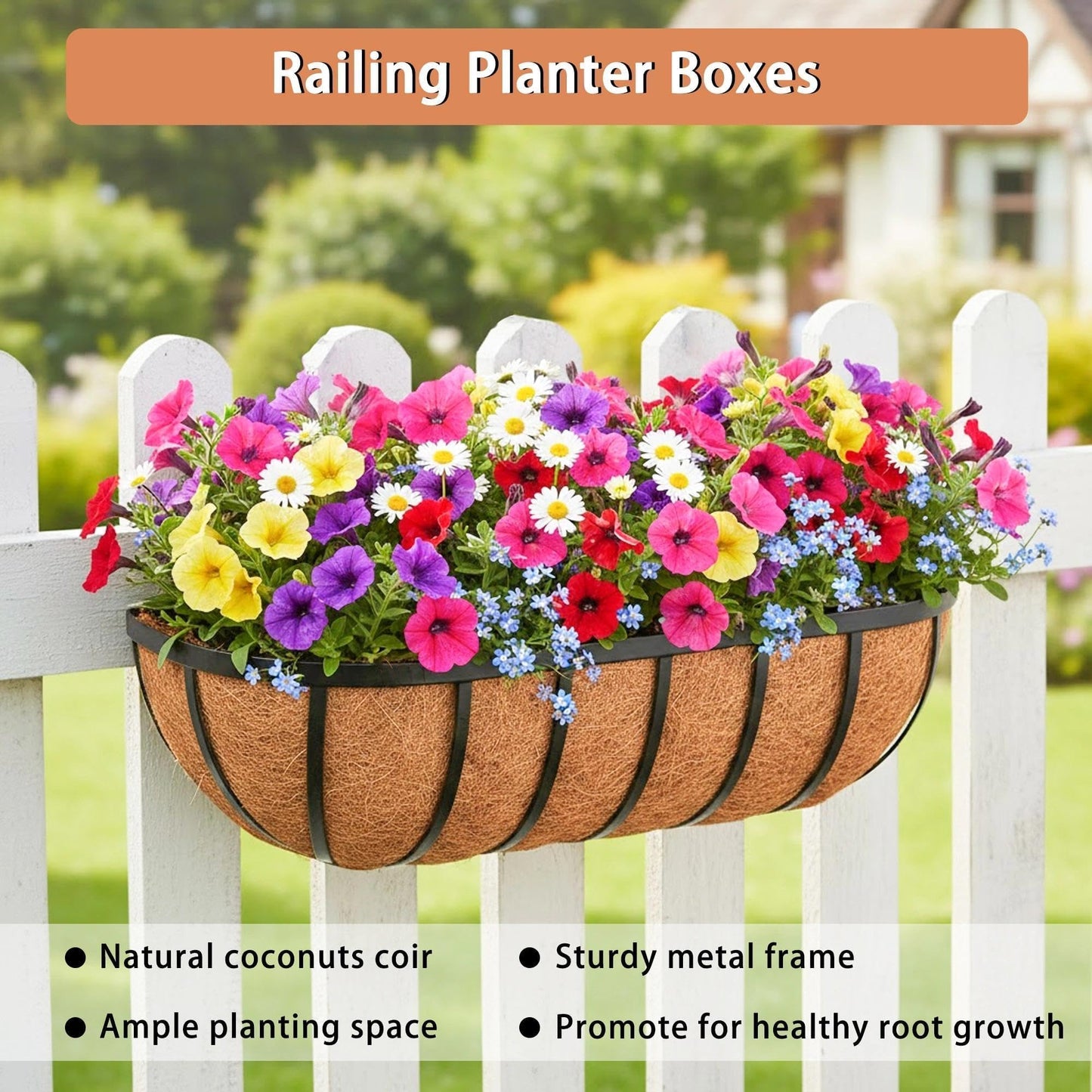 Qusuxi 16'' Window Box Railing Planter with Coco Liner,2 Pack Horse Trough Planters Black Metal Hanging Flower Planters Basket for Porch Fence Patio Indoor Outdoor Lawn