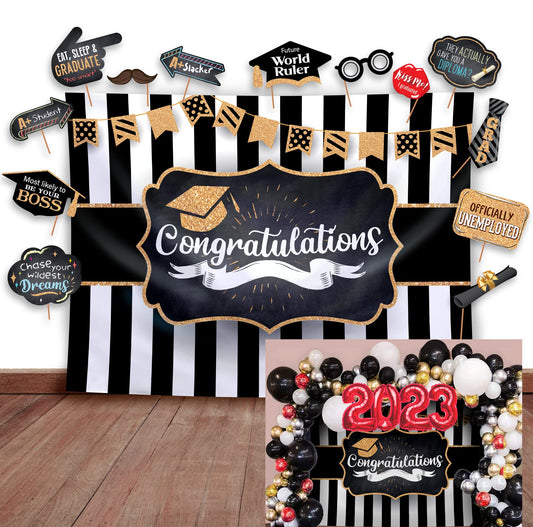 2025 Graduation Party Backdrop - Classy Black, White and Gold Theme Photography Fabric Backdrop and Studio Props DIY Kit. Great as Photo Booth Background Party Supplies and Prom Banner Decorations