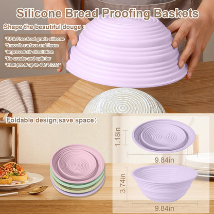 4Pcs Silicone Bread Proofing Baskets, 9" Collapsible Sourdough Bread Baking Supplies Non-Stick Round Dough Proofing Bowl Containers Oven Safe for Various Tastes Bread Making-BPA Free