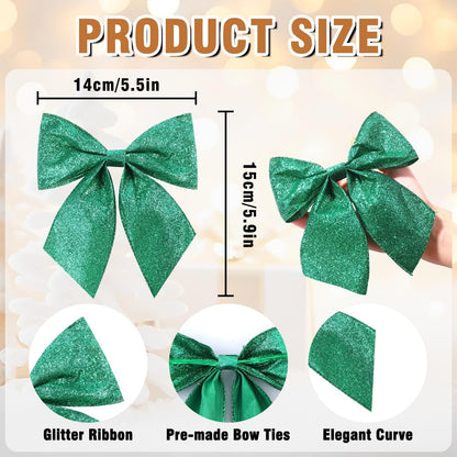 JOICEE 12 Pcs Glitter Ribbon Christmas Bows with Twist Ties,5.5 Inch Premade Metallic Xmas Bows for Christmas Trees Garland Wreath Gift Wrapping Decorations(Green)