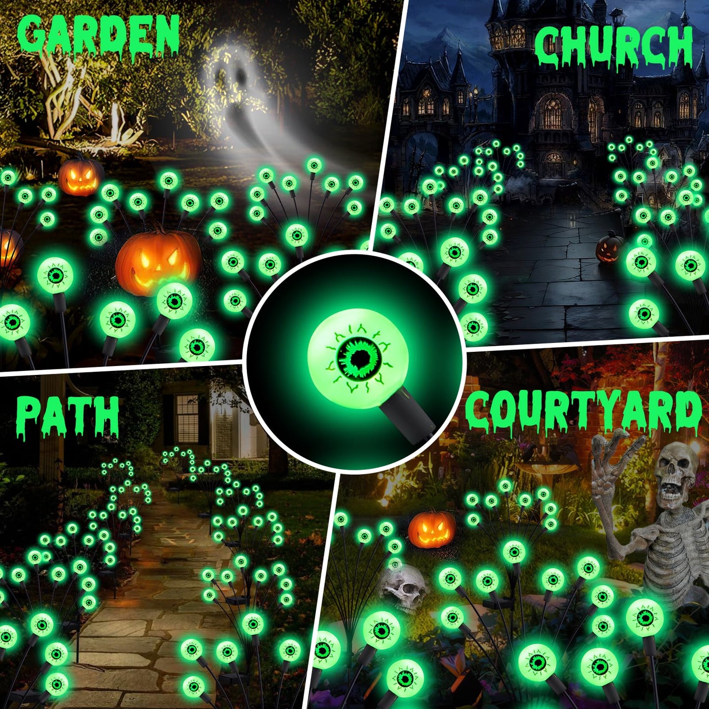 ASMAD Halloween Decorations Outdoor Solar Scary-Eyeball Lights, 4Pack 32LEDs Green Eyeball Swaying Firefly-Lights, Waterproof Solar-Path-Lights for Garden/Yard/Patio/Party Decor
