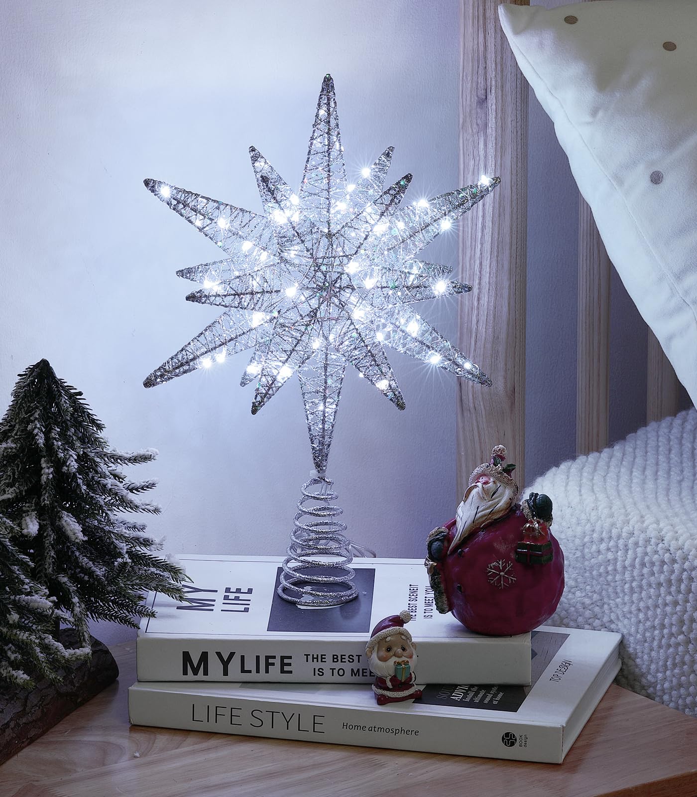 Luxspire Christmas Tree Topper, 3D Lighted Star Tree Topper with USB Plug-in & Remote Control, 9.6" Christmas Tree Star Lights for Home Holiday Decor, 6H Timer & 8 Lighting Modes, Silver
