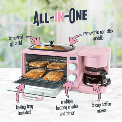 Nostalgia 3-in-1 Breakfast Station - Includes Coffee Maker, Non-Stick Griddle, and 4-Slice Toaster Oven - Versatile Breakfast Maker with Timer - Aqua