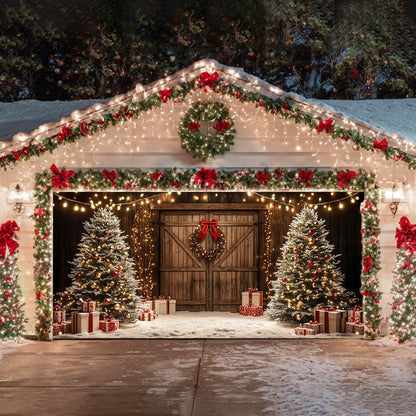 HOMETITUTE Christmas Garage Door Banner 13x6ft Wooden Wall Style Holiday Decoration with Xmas Trees Gift Boxes Snowflakes Hanging Lights andfor Outdoor Yard or Wall Backdrop