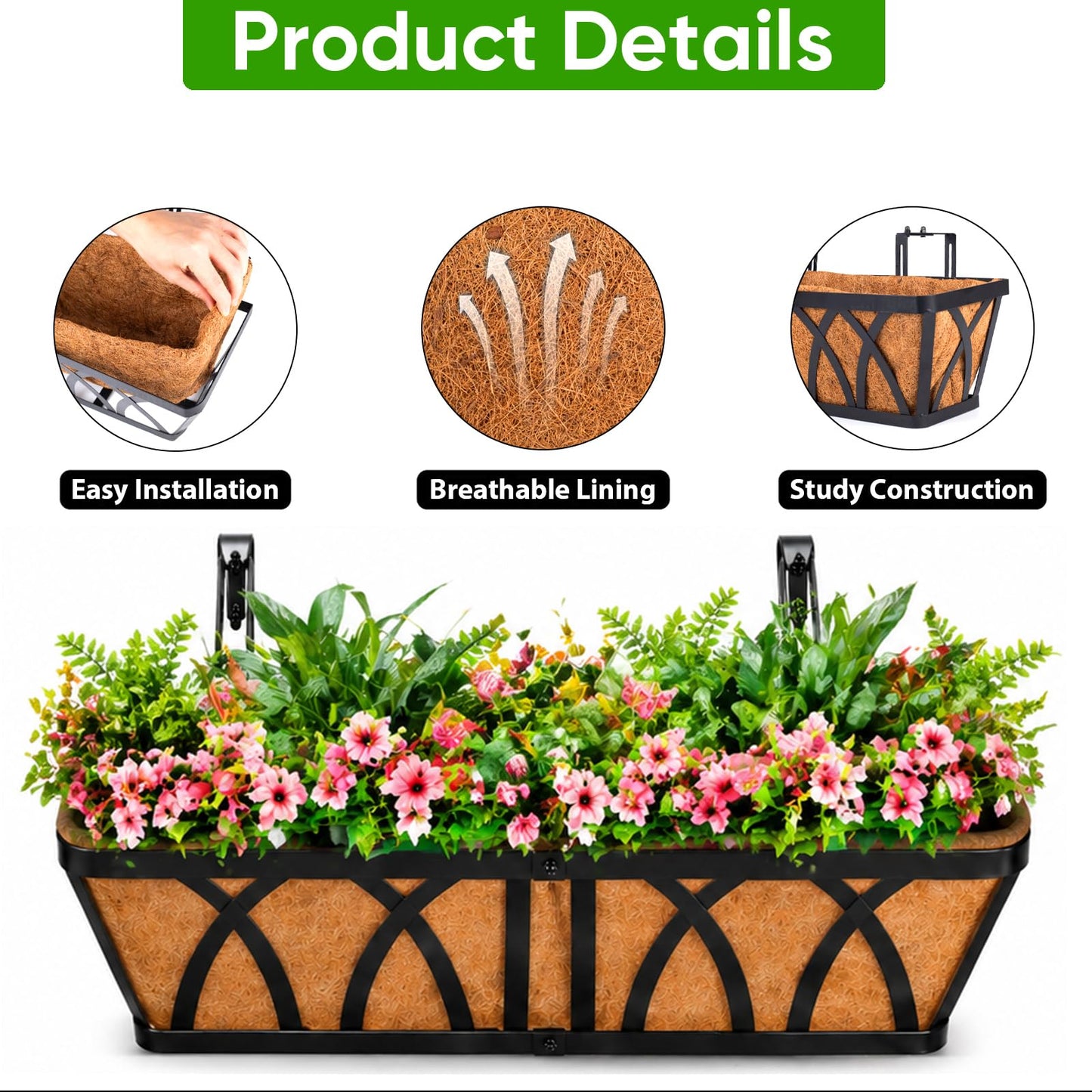 HKZ Deck Balcony Railing Planter Window Boxes - 3 Pack 24 Inch Planter Box, Balcony Planters Railing Hanging, Window Boxes Outdoor Fence Planters