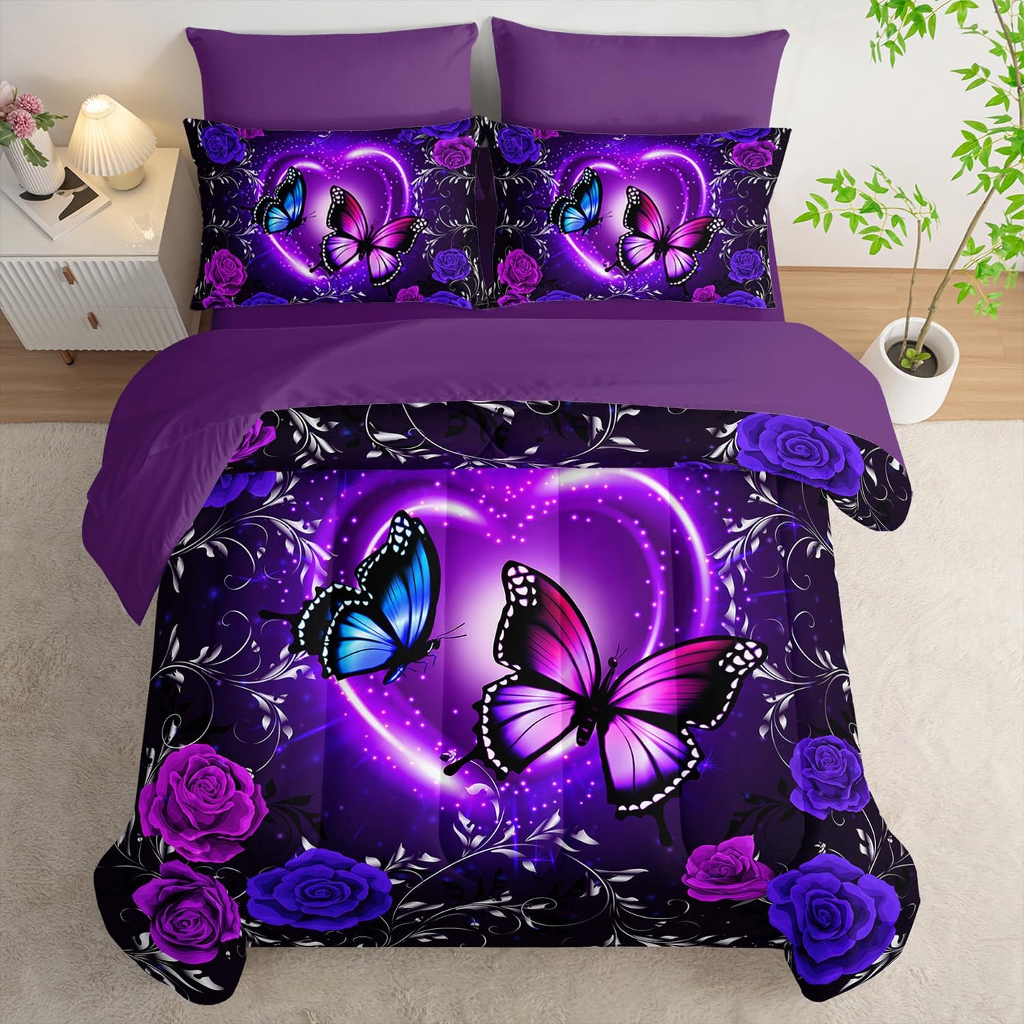 Tuzaovy Purple Butterfly Comforter Set 7 Piece Queen Size Bed in A Bag,Dreamy Butterfly Bedding for Girls Room Decor,Soft Microfiber Comforter with Fitted Sheet,Flat Sheet, Pillowcases & Shams