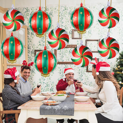 Christmas Foil Balloons, 9PCS Xmas Round Candy Lollipop Foil Balloons and Christmas Hanging Ball Mylar Balloons, Red Green Gold Xmas Sweetland Decorations for New Year Candies Party Decor