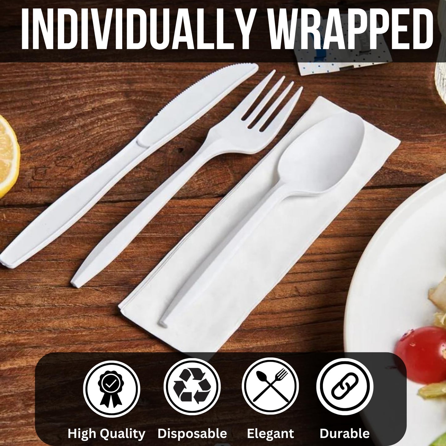 Global Basics Disposable Plastic Cutlery Packs | 125 Individually Wrapped Black Plastic Cutlery Sets | Includes Knife, Fork, Spoon, Napkin and Salt & Pepper Packets | 125 Total (125, Black Plastic)