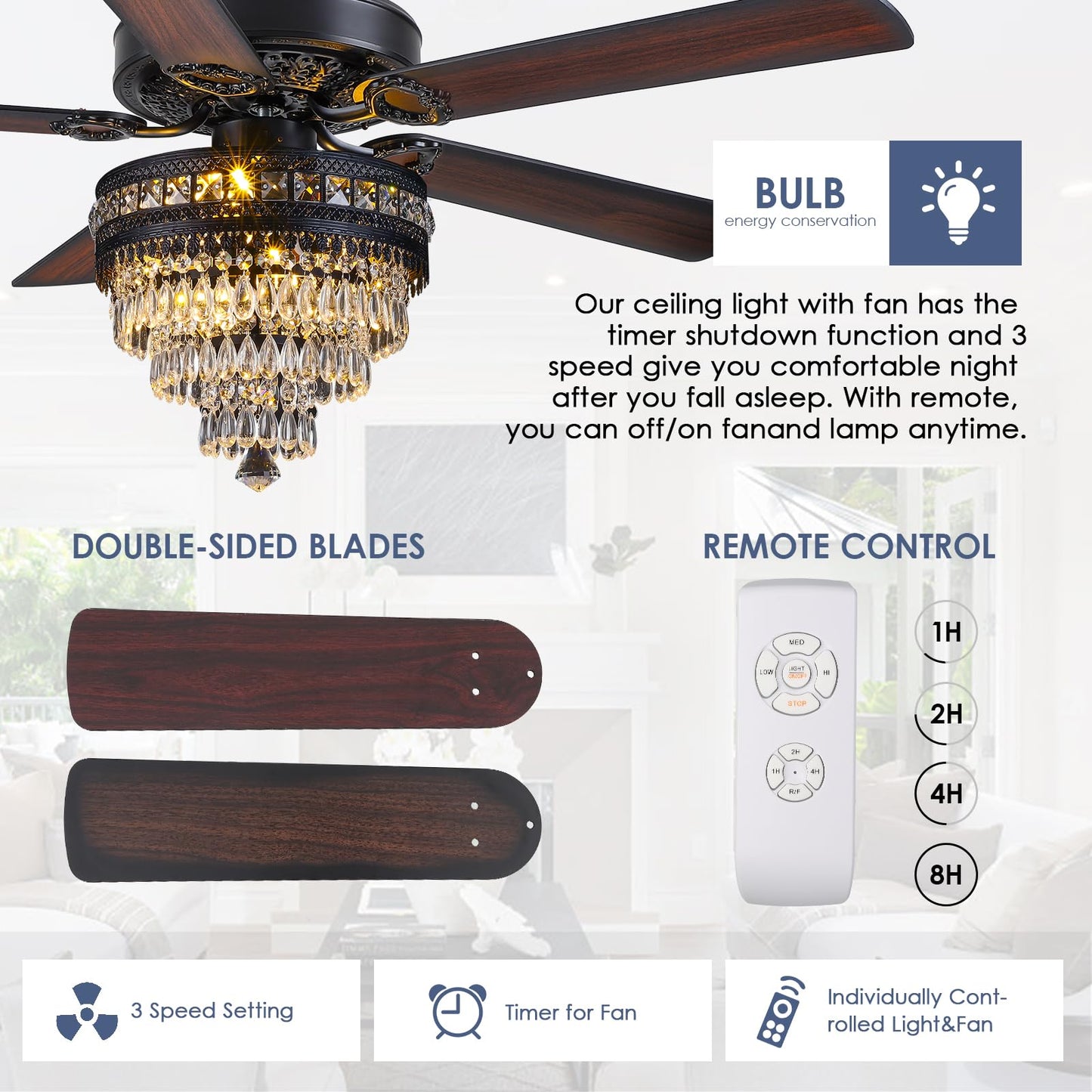 Asyko 50" Crystal Ceiling Fan Fandelier with Lights - Modern Black Chandelier Fans with Remote Control，Noiseless AC Motor, Retro/Farmhouse Lighting, Dining Room，Living Room
