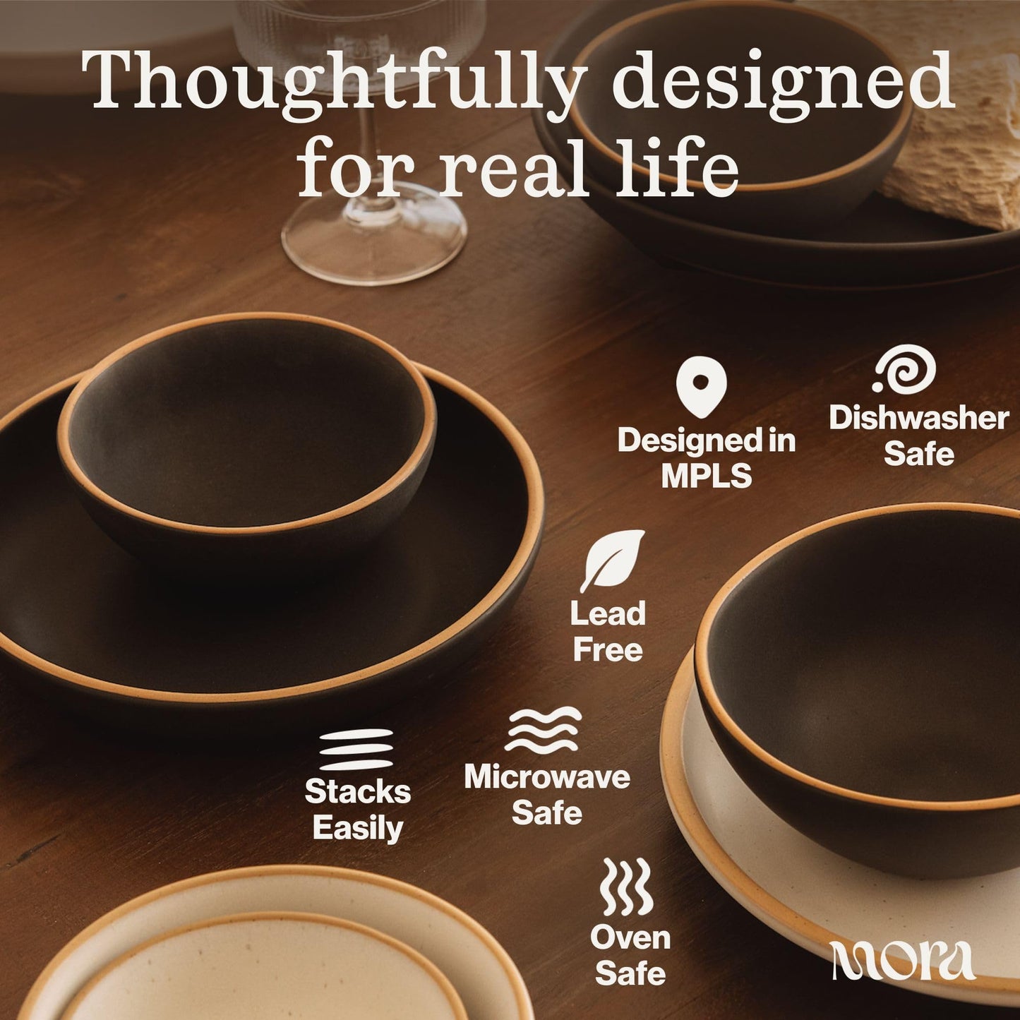 MORA Medium Dishes Set of 4, 30oz Ceramic Pottery Pasta Plate/Wide Bowls - Microwave, Oven and Dishwasher Safe - Terracotta