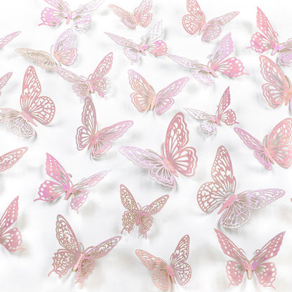Phuryllic Butterfly Wall Decor, 48pcs 3D Butterfly Stickers in 3 Sizes & 4 Styles for Balloon Arch & Cake Decorations, Cute Decals for Girls Room & Birthday Party, Laser Pink