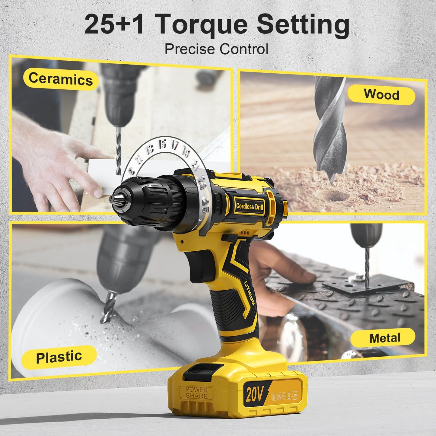 FAHEFANA Cordless Drill, 20V Power Drill with 25+1 Max 370 in-lb Torque, Electric Screwdriver Driver with Battery and Charger, 3/8" Keyless Chuck, 2000mAh Batteries Electric, 42Pcs Bits