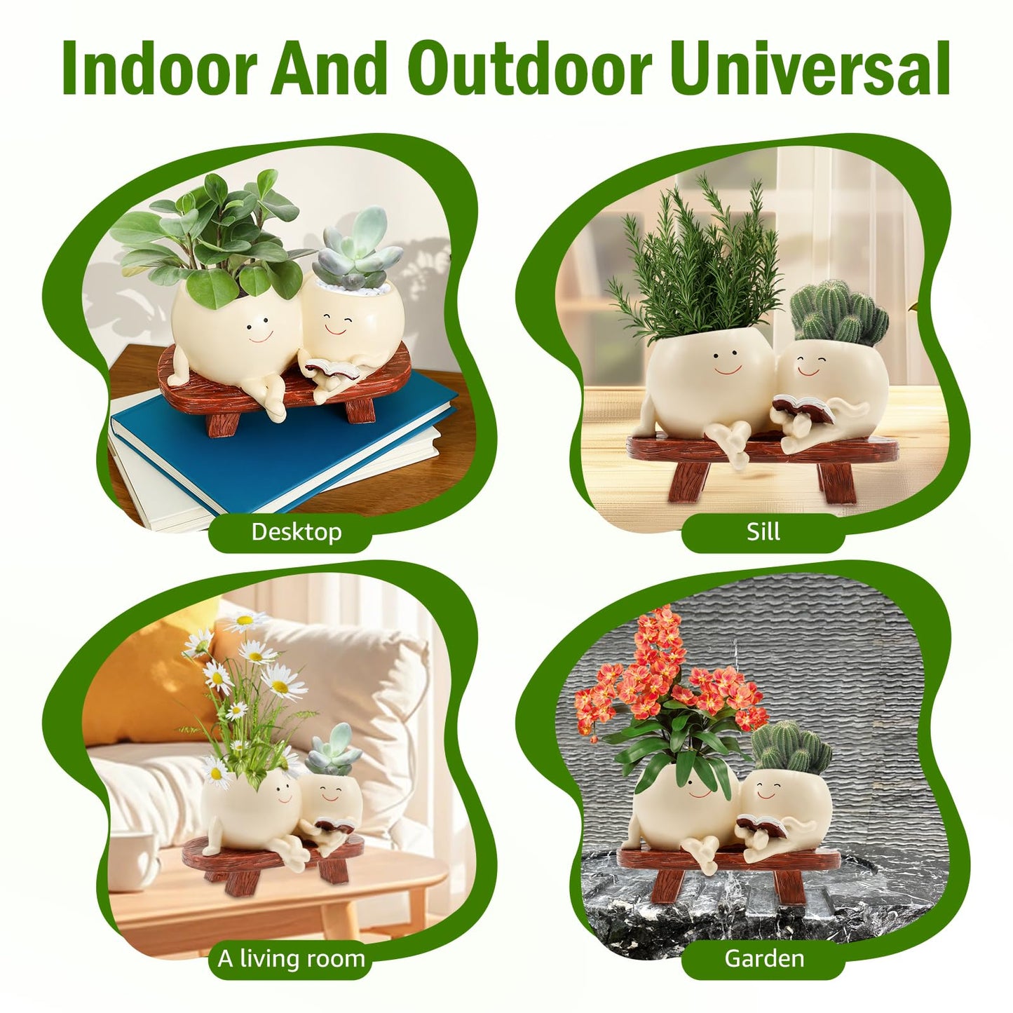 SYKUIHSG Smily Face Planter Pot, Cute Resin Flower Double Head for Indoor Outdoor, Creative Succulents Plantings Flower Pot with Drainage Hole, Present Ideal for Mother, Friend
