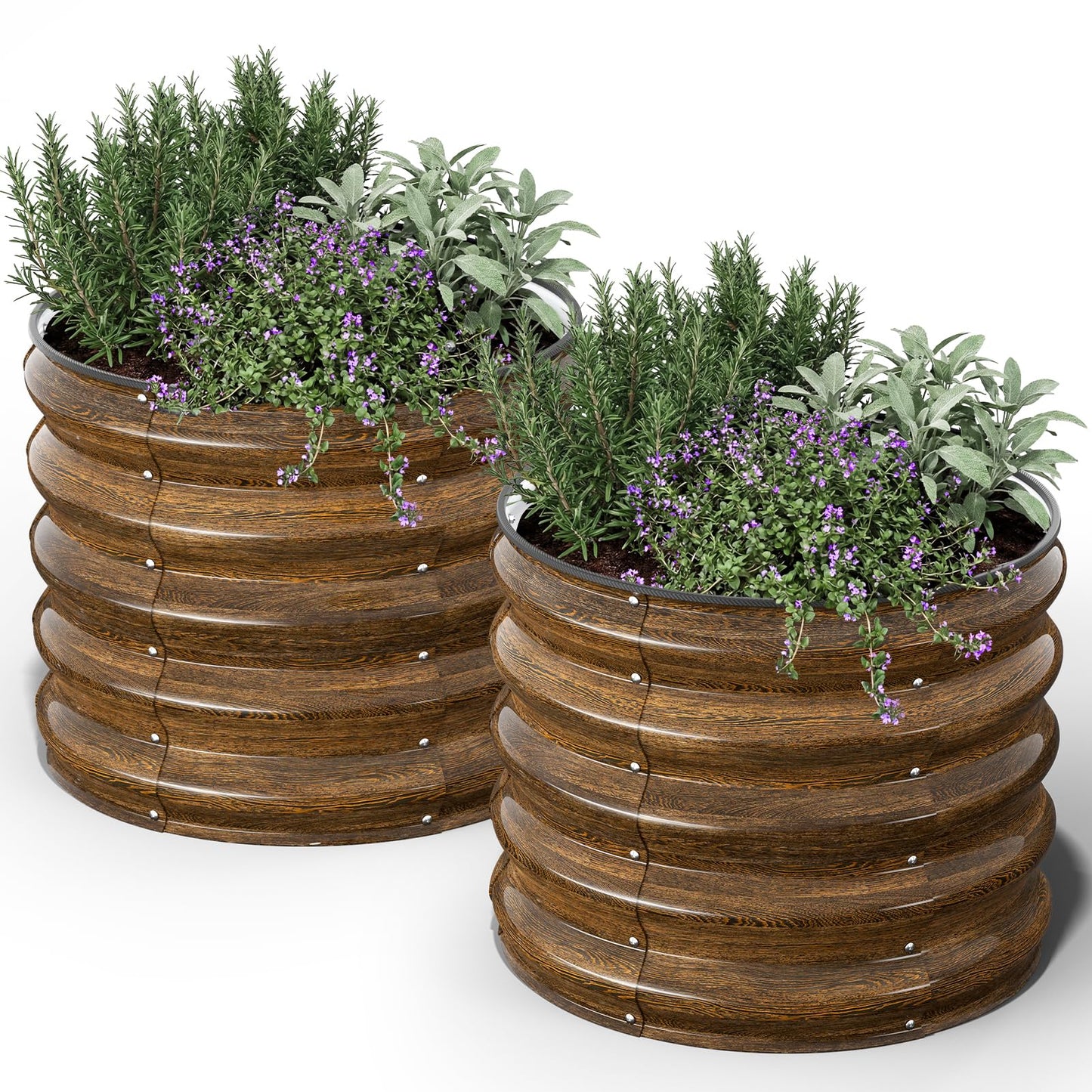 Kesfitt Round Metal Raised Garden Bed, 2x2x1.5 FT, 18-Inch Deep Galvanized Steel Garden Bed with Open Bottom for Outdoor Vegetables & Herbs, Walnut Finish, 2 Pack