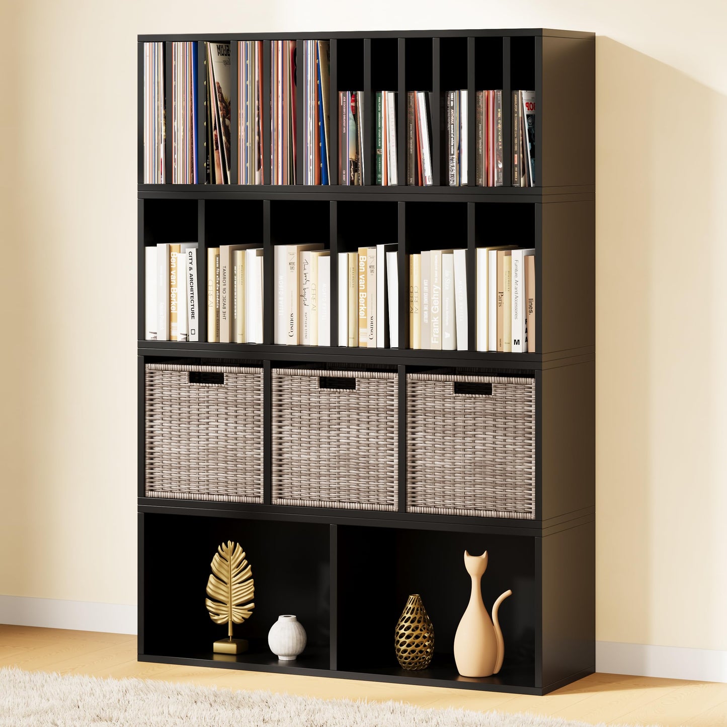 IOTXY DIY Modular Cube Bookcase - CubeXY Customizable Stackable Expandable Combination Set, 23-Cube Open Bookshelf for Books, Fabric Storage Bin, and 7/10-inch Vinyl Record Organizer, Black