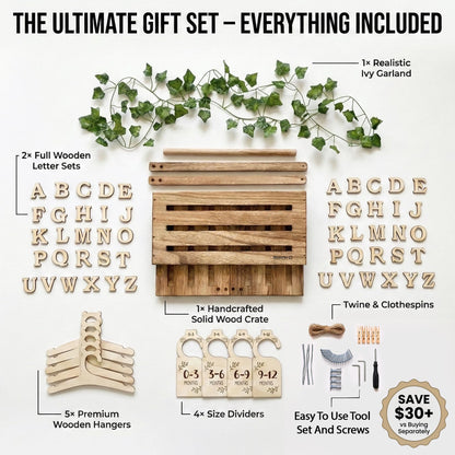 Lifemories Wooden Baby Shower Crate Closet & Basket with Hanger Rack - Customizable Gift Basket with 2x Alphabet Letter Sets, Hangers, Dividers, Ivy Garland,Nursery Decor Girls Boys(Rustic Burnt Wood)