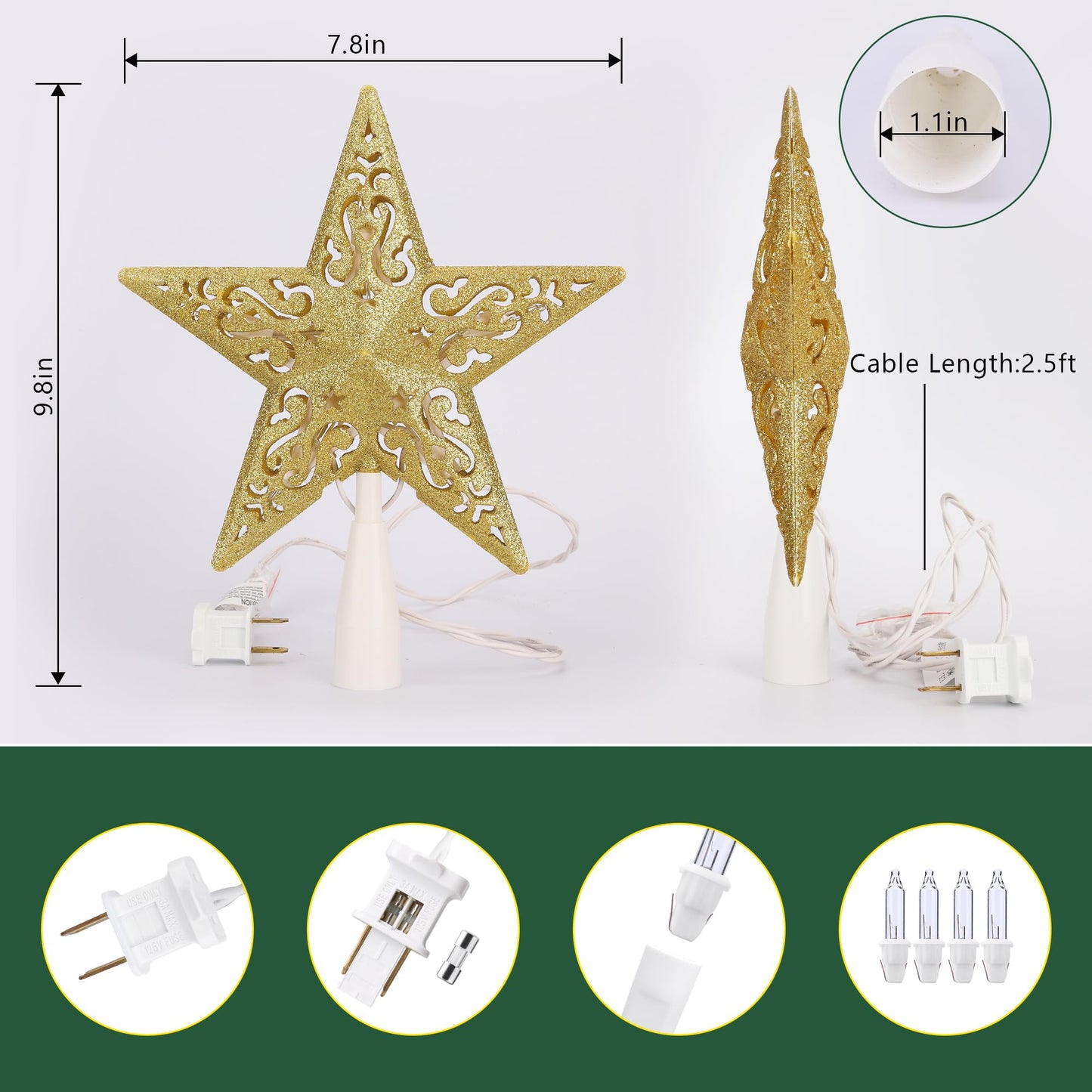Brizled Gold Christmas Tree Topper, 8” 3D Christmas Star Topper, Glittered Hollow Xmas Tree Topper with 10 Warm White Lights, UL Certified Lighted Xmas Star Treetop for Holiday Home Decoration