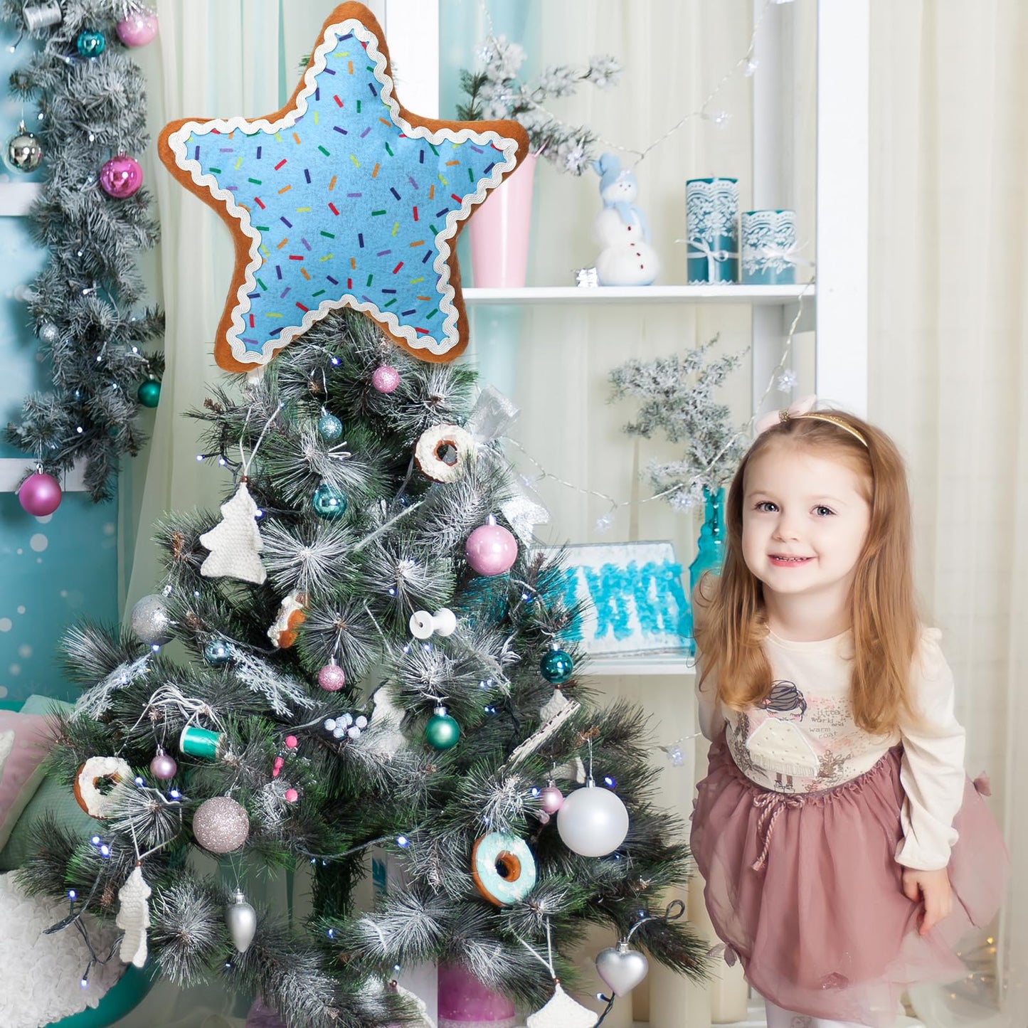 Seematn 10 Inch Christmas Candy Treetop Plush Stuffed Pastel Star Tree Topper Frosting Christmas Treetop Ornament for Xmas New Year Winter Holiday Party Decor Home