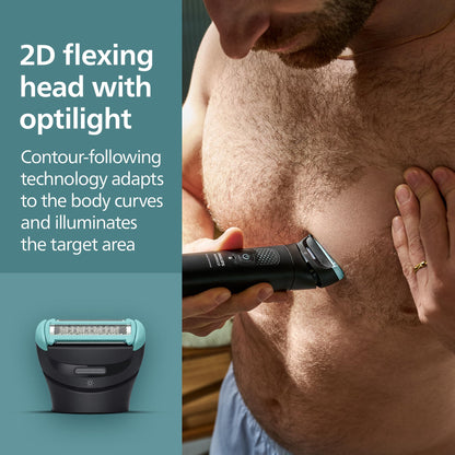 Philips Norelco Body Groomer 7000 Series, Men's Whole Body Groomer, Contour-Following 2D Flexing Head, Triple Protect Shave System & Intimate Body Hair Trimmer, 100% Showerproof, BG7480/50