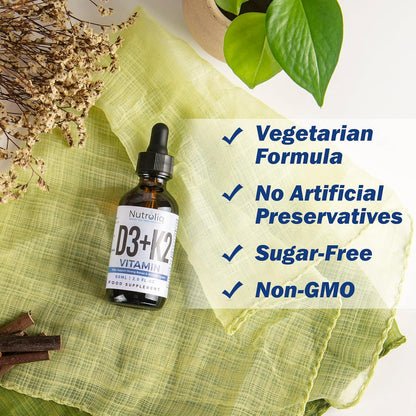 Nutroliq Vitamin D3 + K2 Liquid Drops - 4000IU Vit D3, 100mcg Vit K as MK7, MCT, Extra Virgin Olive Oil - For Immune & Bone Health, Better Energy, Calcium Absorption - Natural Peppermint Flavour, 60ml