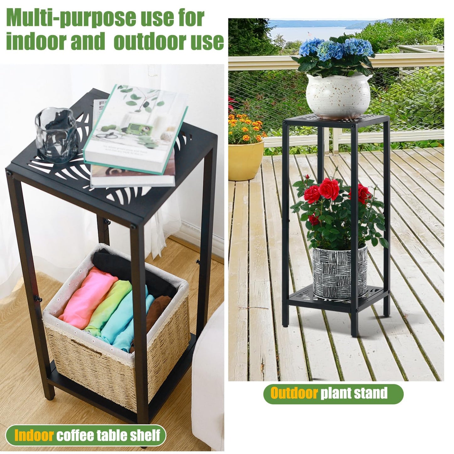 Party Zealot 2-Tier Tall Metal Square Plant Stand 31" Heavy-Duty Modern Flower Pot Rack for Indoor Living Room, Corner Side Table for Outdoor Patio, Garden, and Balcony Black, Leaf