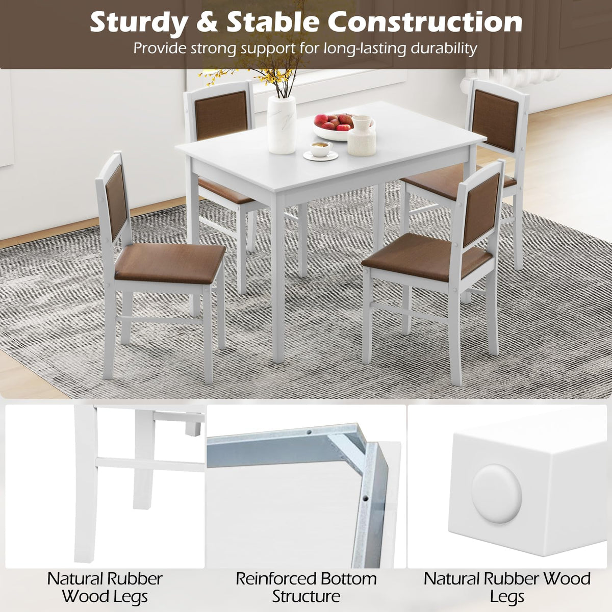 Tangkula Dining Table Set for 4, Farmhouse Solid Wood Dinette Set w/Rubber Wood Legs, Upholstered Seat & Padded Backrest, Mid-Century Modern Dining Table and Chairs Set for Kitchen, Dining Room