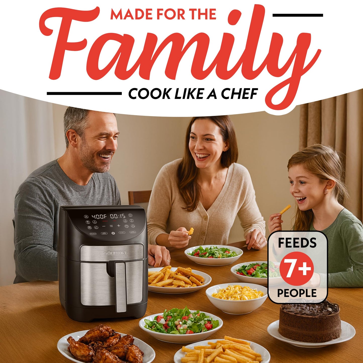 Gourmia Digital Air Fryer – 7 QT, FryForce 360° Technology, 10 Presets, Guided Cooking Prompts, Auto Shut-Off, Dishwasher Safe Basket, 1500W, black/Stainless Steel