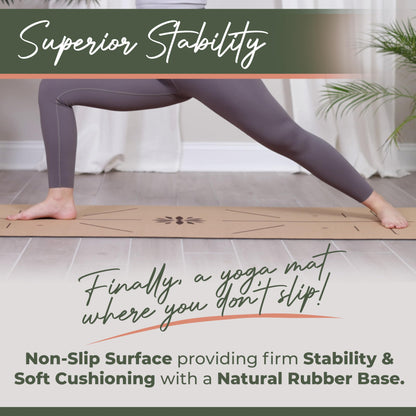 Premium Yoga Cork Mat | 5mm Thick Natural Tree Rubber Base and Bigger Mat for Extra Support, Alignment lines for Guidance | Non-Slip, Natural & Eco-friendly, Your Ultimate Eco-Friendly Yoga Companion