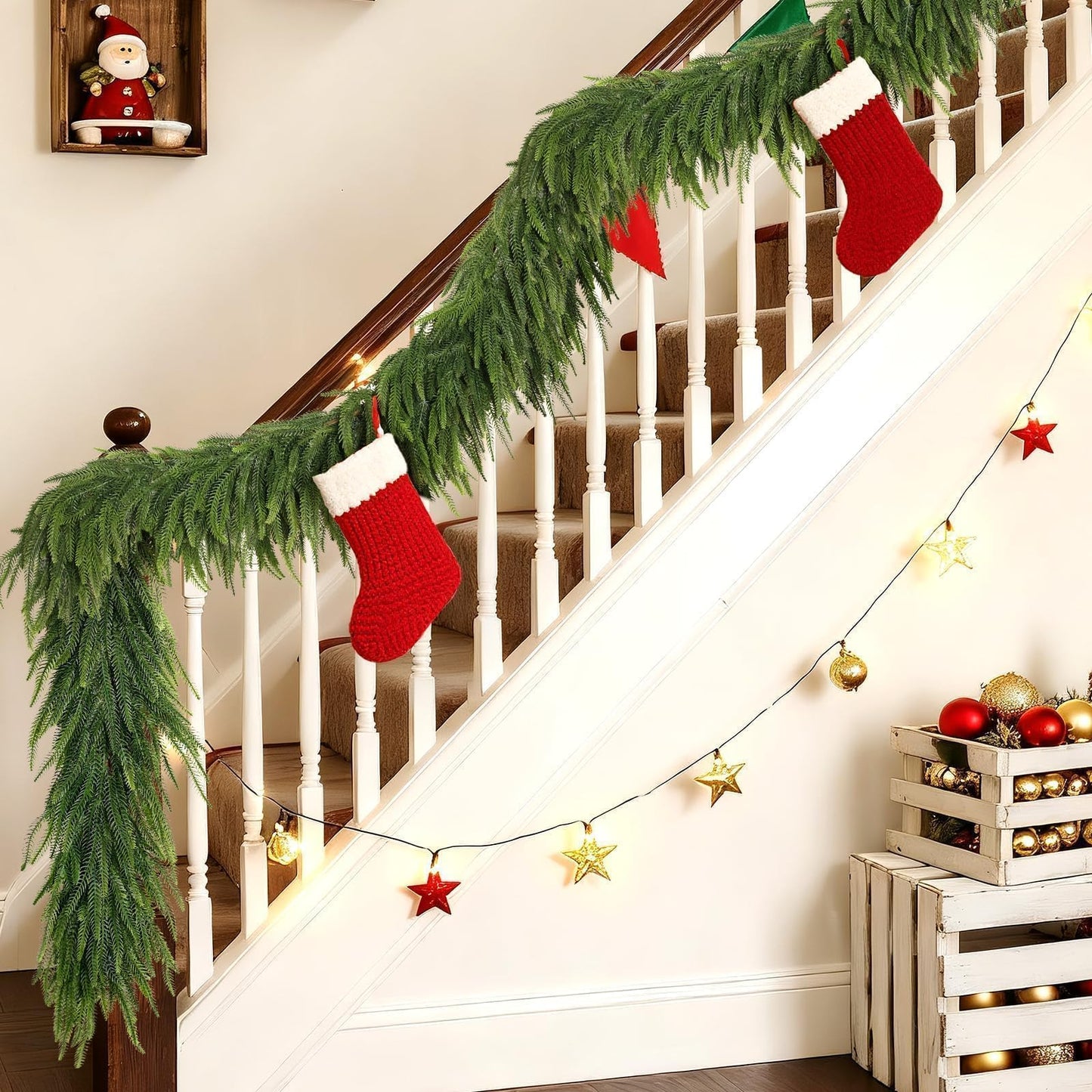 Christmas Norfolk Pine Garlands - 5ft Artificial Garland Faux Green Fake Pine Needles Garland for Fireplace,Table,Window,Stairs,Mante,Holiday Indoor Outdoor Xmas Decor(2PCS)