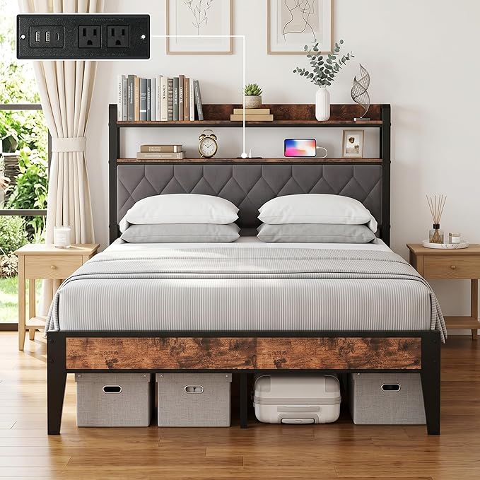 Full Size Bed Frame with Dual-Layer Headboard and Footboard, Bed Frame Full