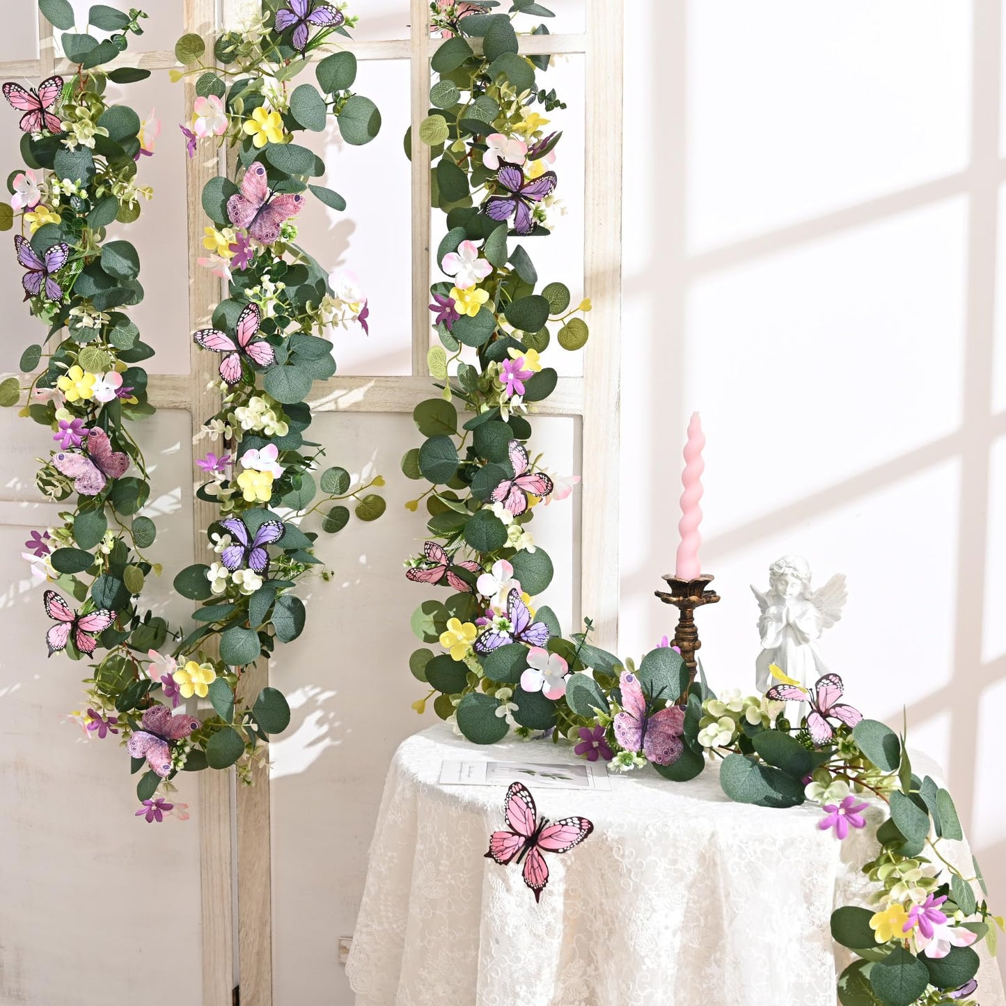 Waipfaru 2Pcs Eucalyptus Garland with Daisy 3D Butterfly, Green Garland with Flowers, 5.9FT Artificial Faux Eucalyptus Leaves Vines for Table Mantle Home Wedding Party Indoor Outdoor Decor