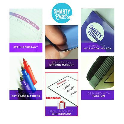 SmartyPlans Dry Erase Weekly Extra Thick Magnetic Calendar for Refrigerator: 17x13 Two Week Planner and 6x9 White Board, 4 Fine Tip Markers and Eraser with Magnets. Stain Resistant. Shipped Flat.