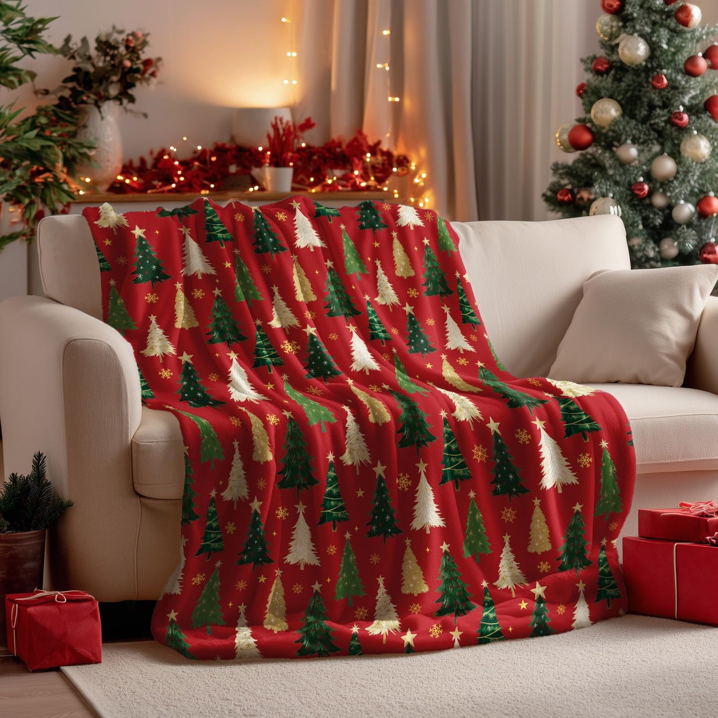 Horaldaily Christmas Flannel Blanket Throw, Christmas Red Tree Soft Fuzzy Plush Cozy Fleece Blankets for Couch Sofa Bed Lounging, Ideal Gifts for Kids Adults Wife Self, 50x60
