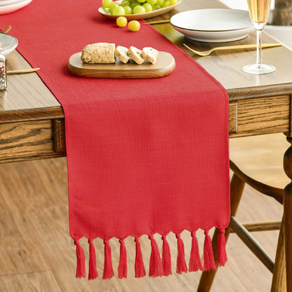 Artoid Mode Red Tassel Table Runner, Christmas Linen Blend Rustic Farmhouse Style Kitchen Table Decoration Holiday Wedding Party Dinning Decor 13x72 Inch