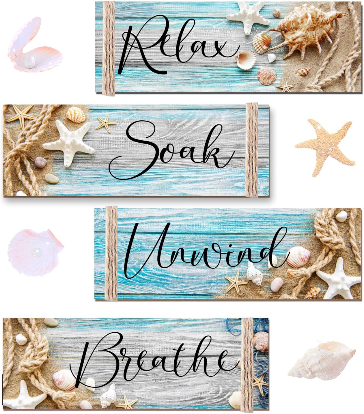 POILKMNI 4 PCS Ocean Beach Wood Relax Soak Unwind Breathe Art Sign Hanging Wooden for Decor Living Room Laundry Spa Washroom