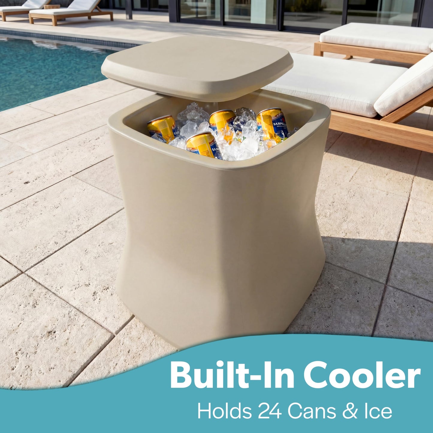 Coast Modern Outdoor Side Table Cooler - 2 in 1 Patio Decor Storage Table & Ice Chest - 25 QT - Sand