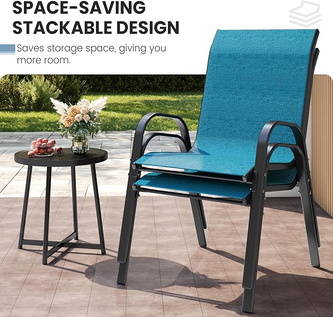 Patio Dining Chairs Set of 4, Stackable Dining Chairs High Back, Breathable Seat Fabric and Alloy Steel Frame Fit Backyard, Porch, Lawn，Poolside (Sky Blue)