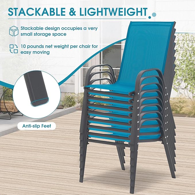 Outdoor Stackable Chairs Set of 8, Stacking Patio Chairs with Textilene Fabric, Outside Furniture for Garden Backyard Balconie Poolside Deck, Blue