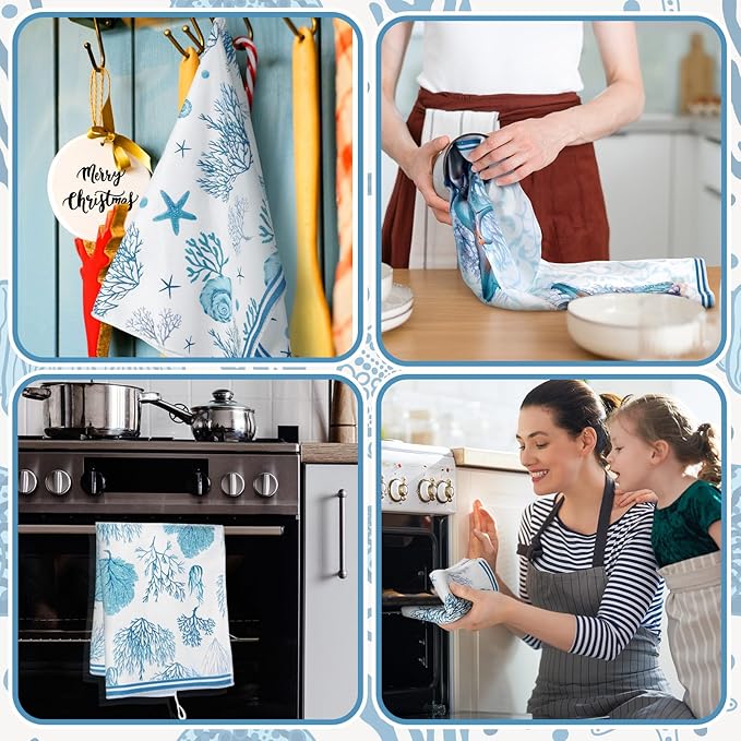 Boyiee Set of 6 Beach Kitchen Towels Coastal Ocean Dish Towels Sea Nautical Tea