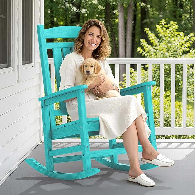SERWALL Oversized Outdoor Rocking Chair, All-Weather Patio Rocking Chair, HDPE Porch Rocker for Adults, Aruba Blue